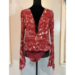 Free People Red Lace Bodysuit Sheer Romantic Long Sleeve Top  Boho Cottagecore S